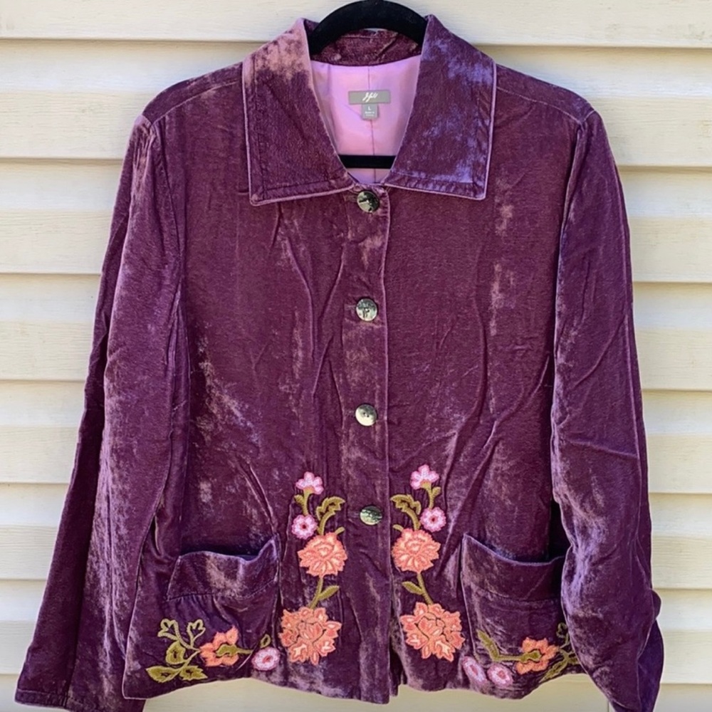 J. Jill | Purple Embroidered Floral Velvet Button Down Jacket Blazer size M